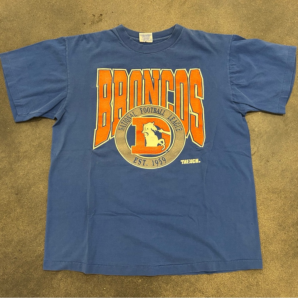 Vintage Denver Broncos Tshirt Trench Ultra Made In USA Heavy Blue Mens XL Cotton
